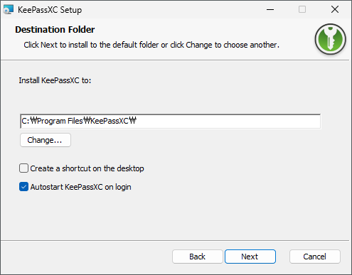 Lựa chọn đường dẫn cài đặt KeePassXC và cài đặt tùy chọn tự động khởi động