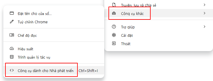 Chọn Công cụ khác - Công cụ dành cho nhà phát triển từ menu Chrome