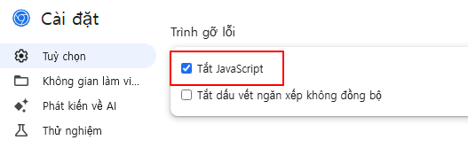 Đánh dấu tùy chọn Tắt JavaScript trong cài đặt công cụ dành cho nhà phát triển