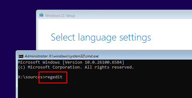 Mở Registry Editor từ Command Prompt trong quá trình cài đặt Windows 11