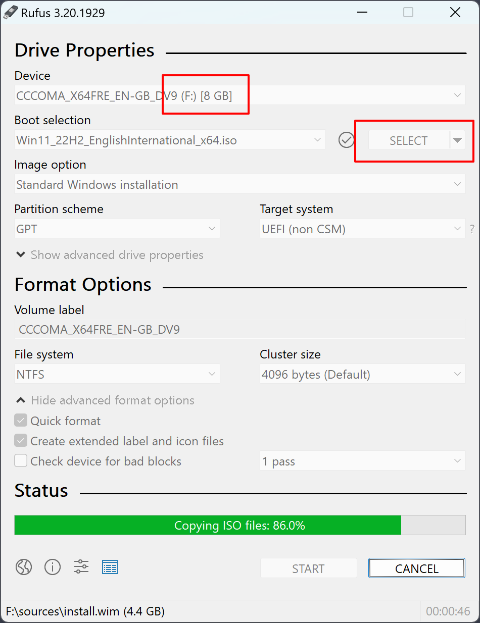Màn hình cài đặt chính Rufus